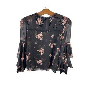 Zara Basic Size XS Floral Sheer Blouse Black Ruffle Bell Sleeve Fairygoth